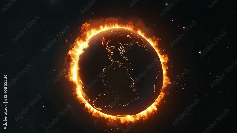 Poster Planet earth is burning in outer space with a ring of fire around it, showing the americas and representing global warming and climate change