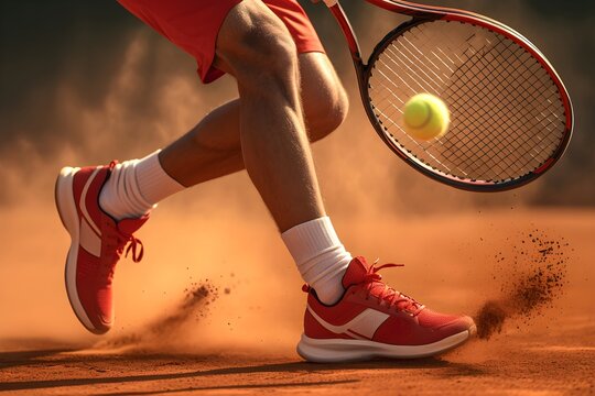 Tennis player on clay court with red sneakers hitting ball at sunset. Sports action in golden sun backlight on dusty court. Tennis championship, tournament and World Tennis Day concept