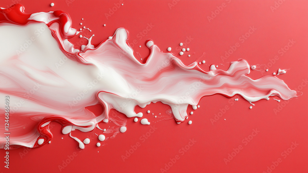 Poster abstract red liquid texture with flowing white paint creates dynamic visual effect. vibrant colors b