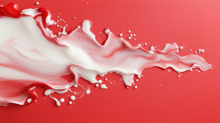 Abstract red liquid texture with flowing white paint creates dynamic visual effect. vibrant colors blend seamlessly, evoking sense of creativity and energy