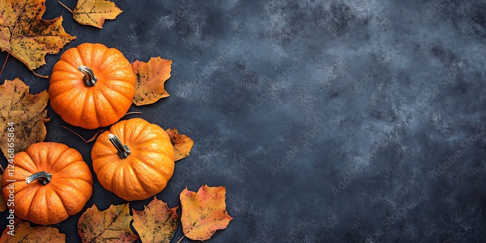 Poster autumn pumpkins and leaves on moody dark textured background : generative ai