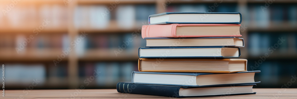 Poster artistic stack of books on wooden table with blurred background, creating cozy and inviting atmosphe