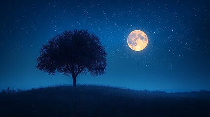 Lone tree, full moon, starry night, hilltop, landscape, serenity, nature, background
