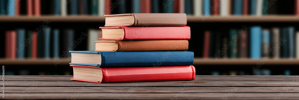 Poster stack of colorful books on wooden table with blurred bookshelf background, creating cozy and invitin