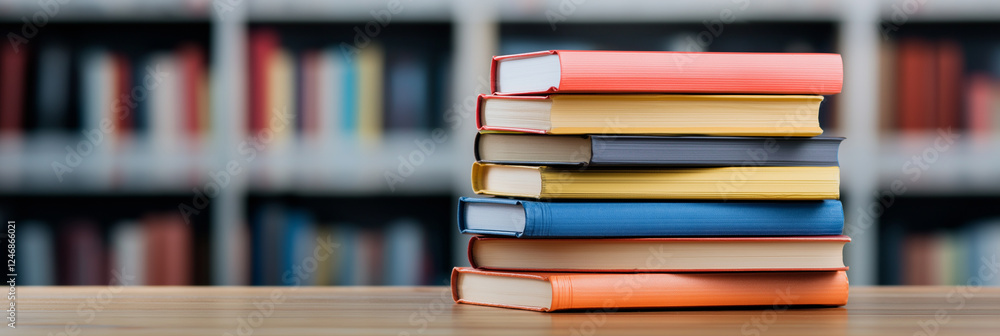 Poster stack of colorful books on wooden table with blurred library background, creating cozy and inviting 