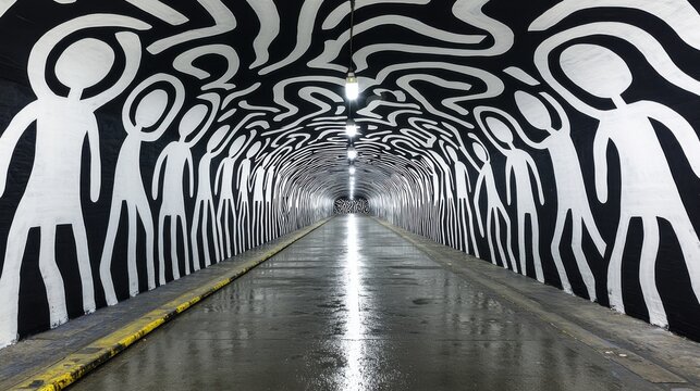 A vibrant, artistic tunnel featuring black and white stick figure murals, creating a visually striking and dynamic environment.