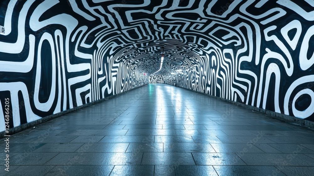 Poster a vibrant, abstract tunnel with striking black and white patterns, illuminated by soft lighting, cre