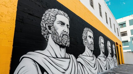 Fototapeta premium A vibrant mural depicting classical figures in black and white against a bright yellow wall, showcasing artistry and urban culture.