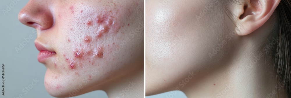 Poster split face comparison highlighting acne and smooth skin for skincare analysis and treatment explorat