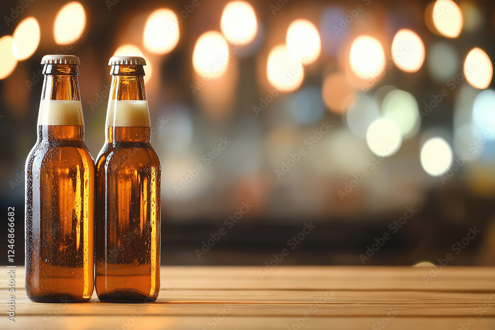 Poster chilled bottles of beer on wooden table with blurred bar background create relaxed atmosphere. perfe