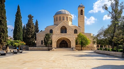 Fototapeta premium Majestic Stone Church Surrounded by Tranquil Courtyard and Blue Skies : Generative AI