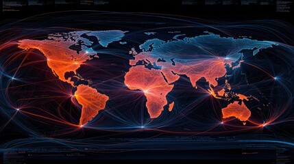 Abstract Visualization of Global Connectivity Represented by Colorful Streams of Light on a Dark Background Depicting International Data Flow and Network