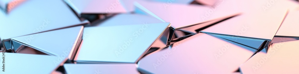 Poster surreal design of abstract triangles interlocking in chaotic pattern creating dynamic reflections an