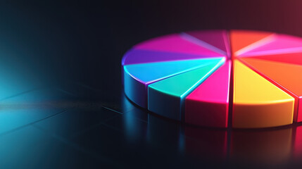 Fototapeta premium Close up of glowing 3D pie chart with segmented colors and reflections