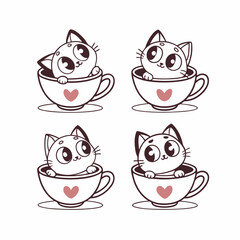 A Set of Cute Cat in Coffee Cup Vector Design Illustration