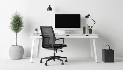 Minimalistic modern office desk setup with a computer and chair with clean design on a white background.