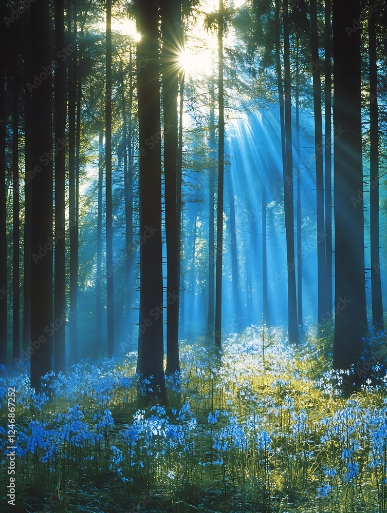 Poster sunlit forest with blue flowers and tall trees creating serene landscape : generative ai