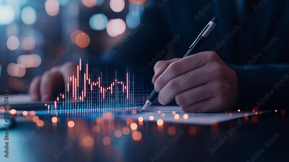Poster businessman writing with pen on document while analyzing digital data trends. holographic graph disp