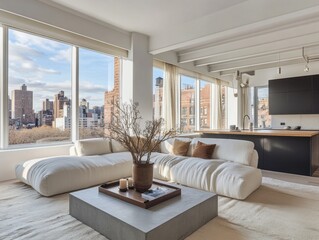 A large white couch is in the living room of a large apartment