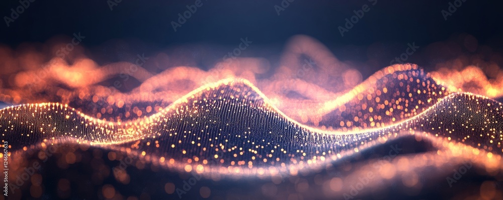 Poster abstract glowing wave pattern in dark background.