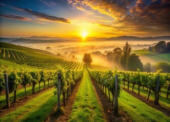 Majestic Vineyard Sunrise Silhouette - Lush Valley Landscape