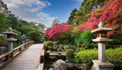 Obraz premium Vibrant summer blooms create a breathtaking pathway through a serene Japanese garden