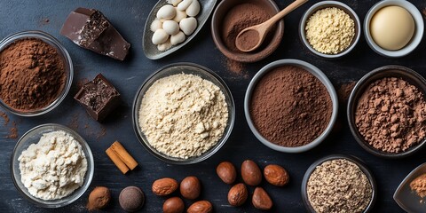 Assorted Cocoa Baking Ingredients on Dark Background with Natural Lighting : Generative AI
