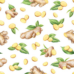 Seamless pattern with hand drawn watercolor ginger roots with slices and green leaves