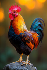 Fototapeta premium A vibrant rooster with glossy feathers stands proudly on a rock, illuminated by warm sunrise light, showcasing its bold colors and details
