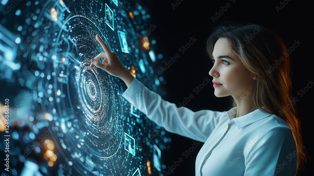 Poster businesswoman interacting with digital screen displaying complex data visualizations. she appears fo