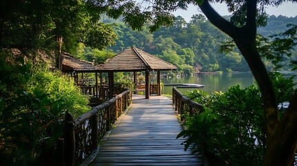 Naklejka premium Idyllic Lakeside Wooden Gazebo and Pathway Surrounded by Lush Greenery in Serene Nature : Generative AI