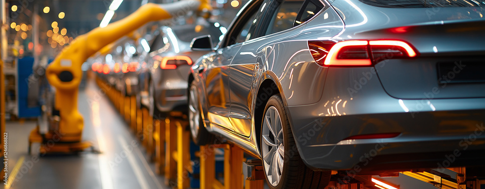 Poster automated car production line featuring robotic arms and modern vehicles. factory setting showcases 