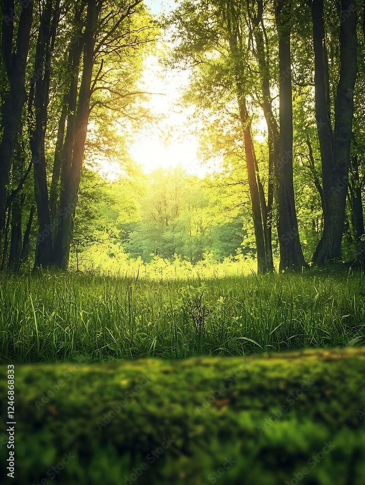 Aufkleber Magical forest clearing with vivid sunlight streaming through tall trees creating a serene scene : Generative AI