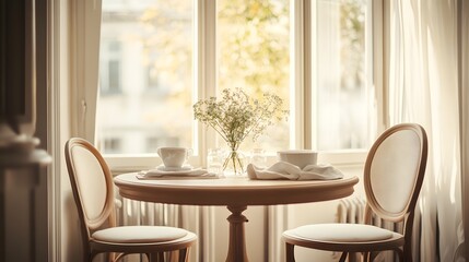 Cozy Breakfast Table with Floral Centerpiece and Natural Light
