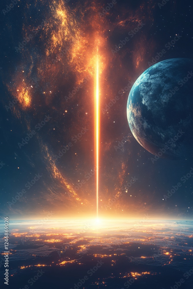 Poster cosmic beam piercing through space with distant planet and nebula in a dramatic scene