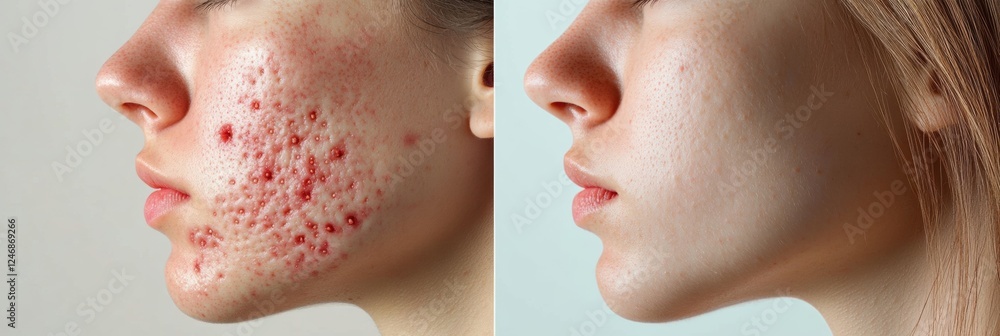 Poster comparison of skin conditions with visible acne on one side and clear skin on the other for skincare