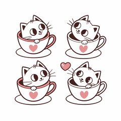 A Set of Cute Cat in Coffee Cup Vector Design Illustration