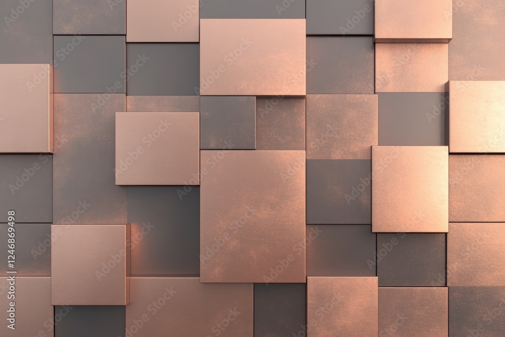 Poster textured pattern of overlapping squares in warm metallic tones illuminated by subtle highlights and 