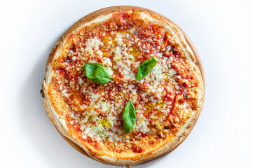 traditional Italian margherita pizza with tomato , mozzarella and basil , viewed from above and isolated you white background