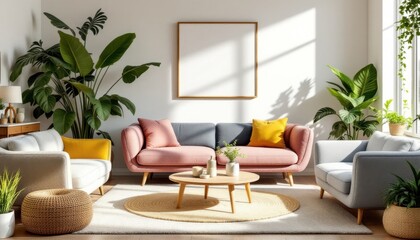 Modern living room with elegant furniture and indoor plants in natural light