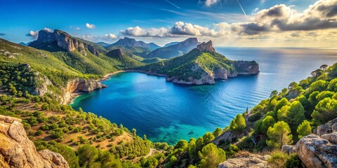 Fototapeta premium Mallorca Island Scenic Landscape: Breathtaking Coastline & Rolling Hills