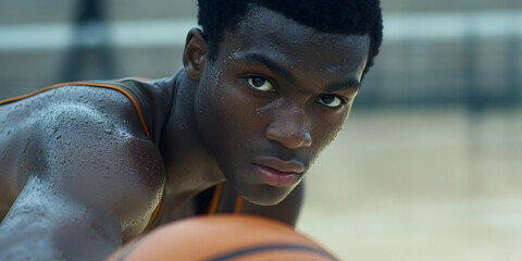 Intense Basketball Moment, Focused Player, Determined Athlete, Sports Action Shot, Game Intensity, Competitive Spirit, Indoor Court