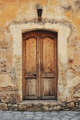 Fototapeta premium Antique Wooden Door with Rustic Stone Wall in Mediterranean Setting : Generative AI