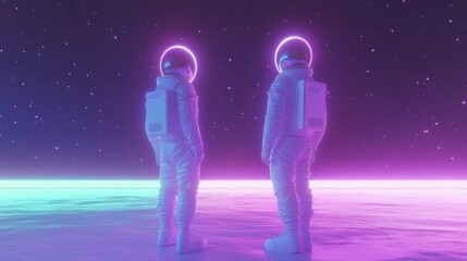 Obraz premium Astronauts explore alien landscape in neon colors.