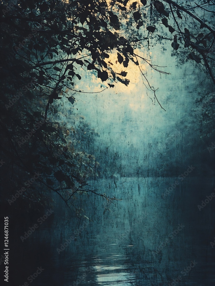 Poster misty river scene at dusk with overhanging trees : generative ai