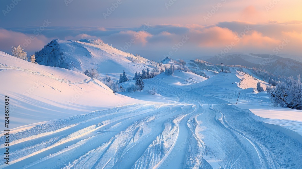 Poster a serene winter landscape reveals fresh ski trails carved into deep snow against a backdrop of dista