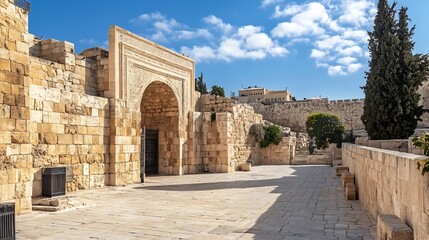 Fototapeta premium Ancient Stone Architecture with Arch and Bright Blue Sky in Historic Area : Generative AI