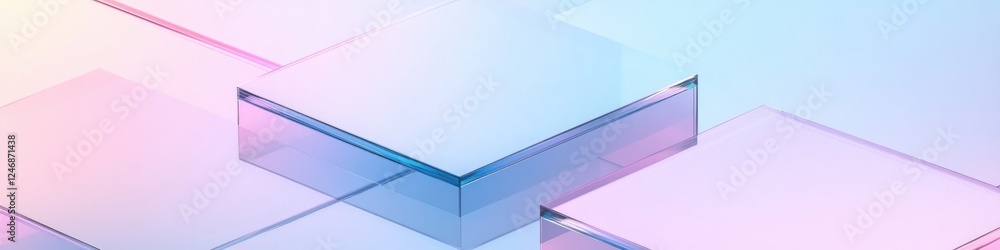 Poster vibrant depiction of overlapping squares with mirrored surfaces reflecting gradient colors and ambie