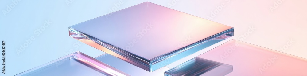 Poster vibrant depiction of overlapping squares with mirrored surfaces reflecting gradient colors and ambie