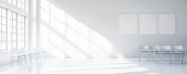 Obraz premium Bright empty room with natural light and chairs.